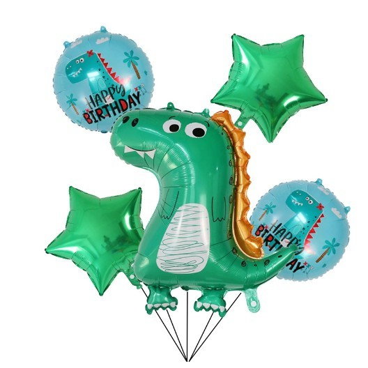 Set 5 Baloane folie de aluminiu, Flippy, Figurina Dinozaur, pentru aniversare HAPYY BIRTHDAY, Stelute Verzi si Baloane Albastre, 50 - 70 cm [2]