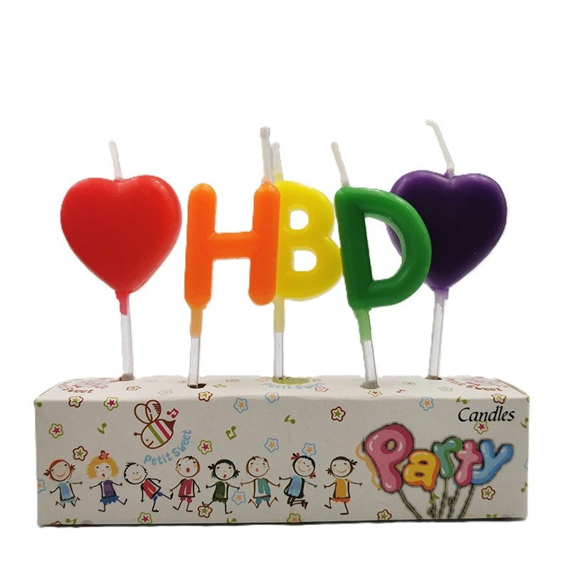 Set 5 Lumanari de Tort, Flippy, Model Inimi, Litere HBD, 1.8 x 2.7 cm, din Ceara, Multicolor [1]