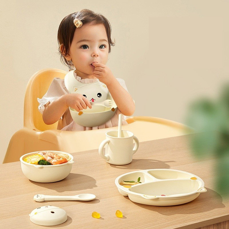 Set 5 Piese Hranire Bebelusi si Copii, Flippy, din Silicon, fara BPA, de la 12 Luni, Model Pisicuta, 28 x 26 x 2 cm, Bej [6]