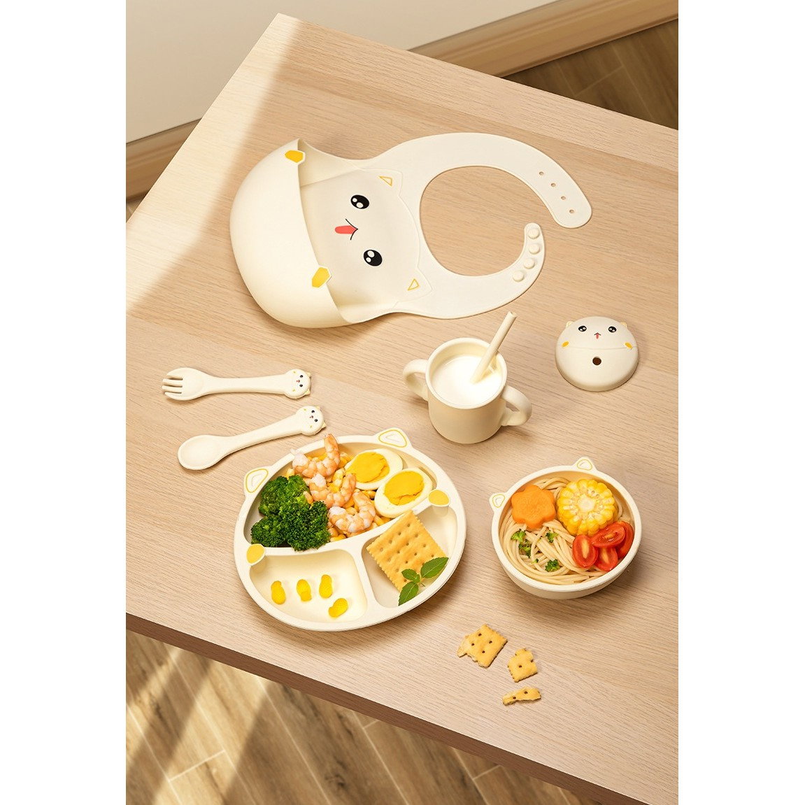 Set 5 Piese Hranire Bebelusi si Copii, Flippy, din Silicon, fara BPA, de la 12 Luni, Model Pisicuta, 28 x 26 x 2 cm, Bej [5]