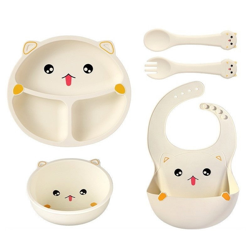 Set 5 Piese Hranire Bebelusi si Copii, Flippy, din Silicon, fara BPA, de la 12 Luni, Model Pisicuta, 28 x 26 x 2 cm, Bej [1]