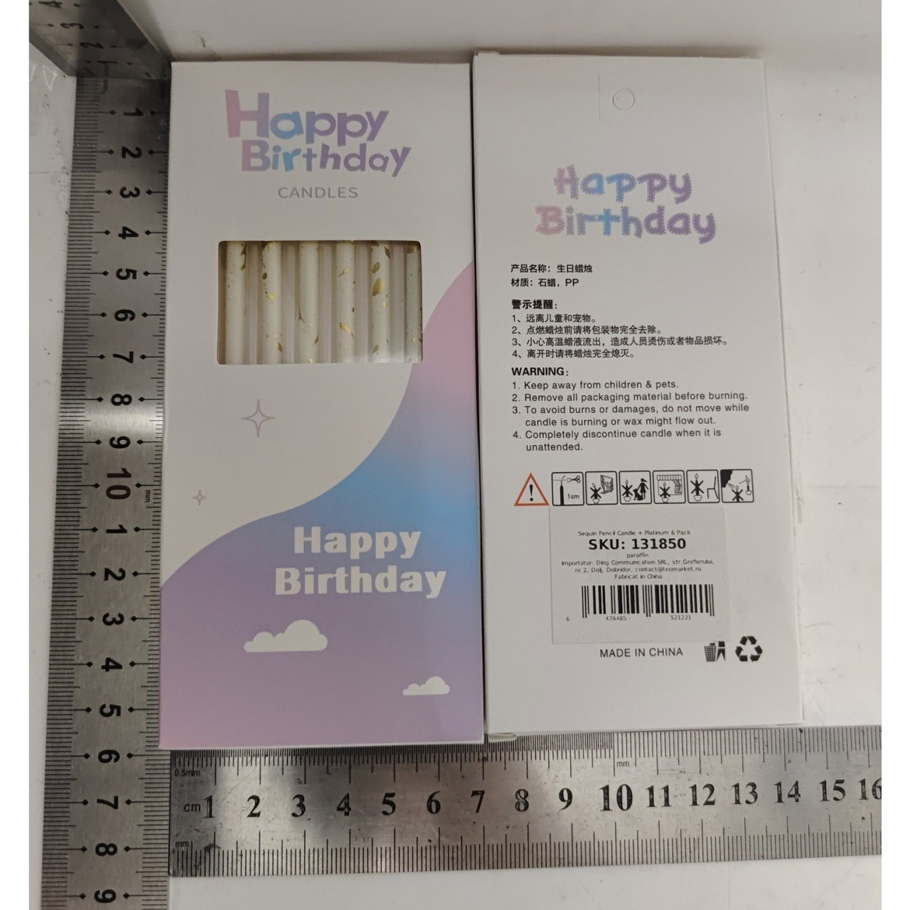 Set 6 Lumanari Lungi, Flippy, din Parafina, 10 x 0.5 cm, Happy Birthday, Alb/Auriu [6]