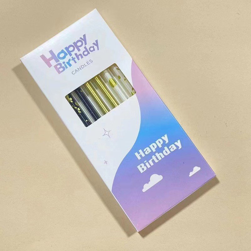 Set 6 Lumanari Lungi, Flippy, din Parafina, 10 x 0.5 cm, Happy Birthday, Alb/Negru/Auriu [2]