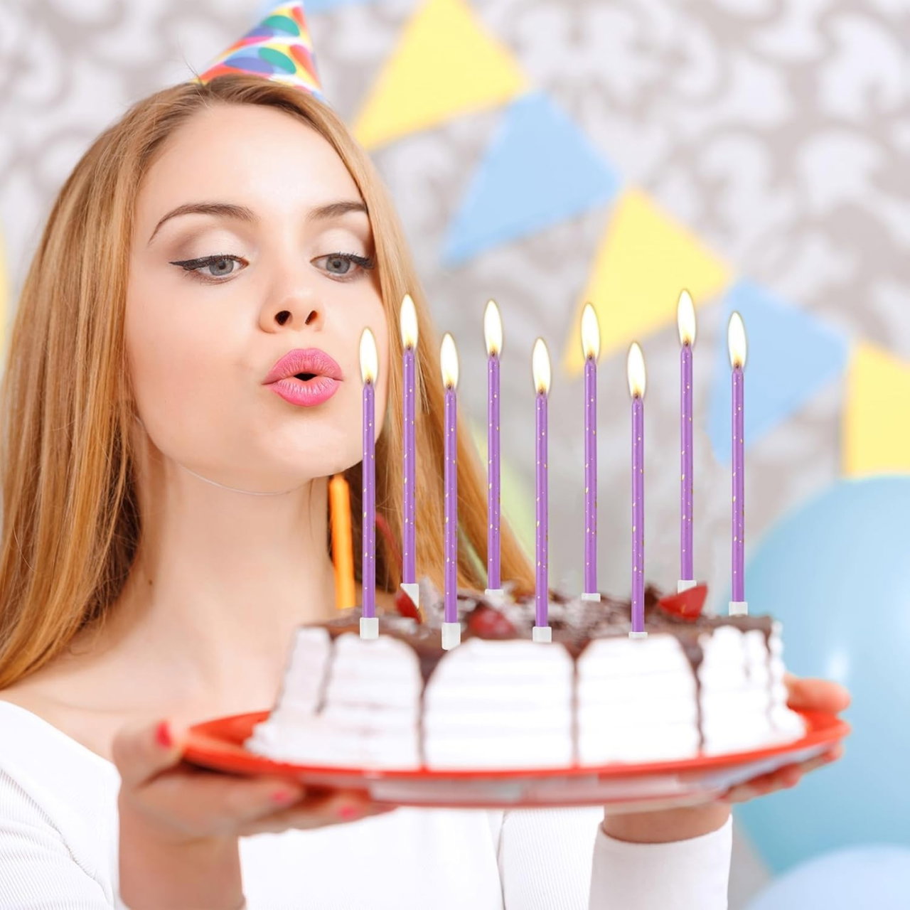 Set 6 Lumanari Lungi, Flippy, din Parafina, 10 x 0.5 cm, Happy Birthday, Mov [5]