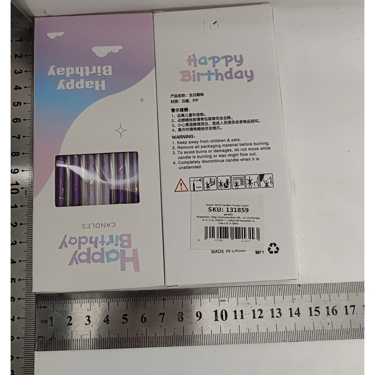 Set 6 Lumanari Lungi, Flippy, din Parafina, 10 x 0.5 cm, Happy Birthday, Mov [8]