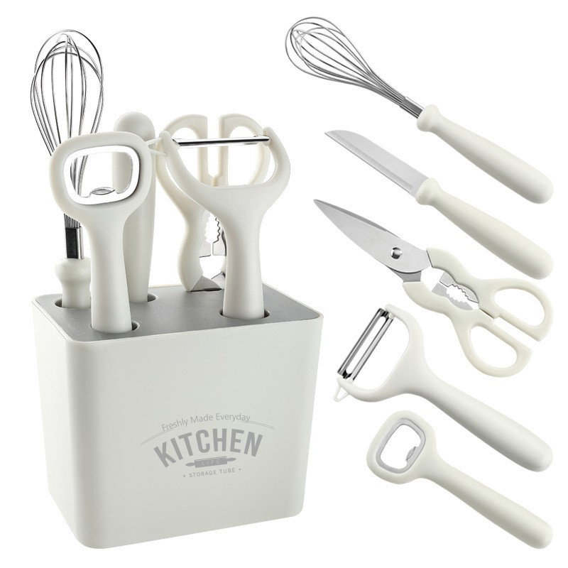 Set 6 ustensile bucatarie Flippy, cu suport inclus, desfacator, curatator legume, foarfeca, cutit, tel, ABS si inox, alb [1]