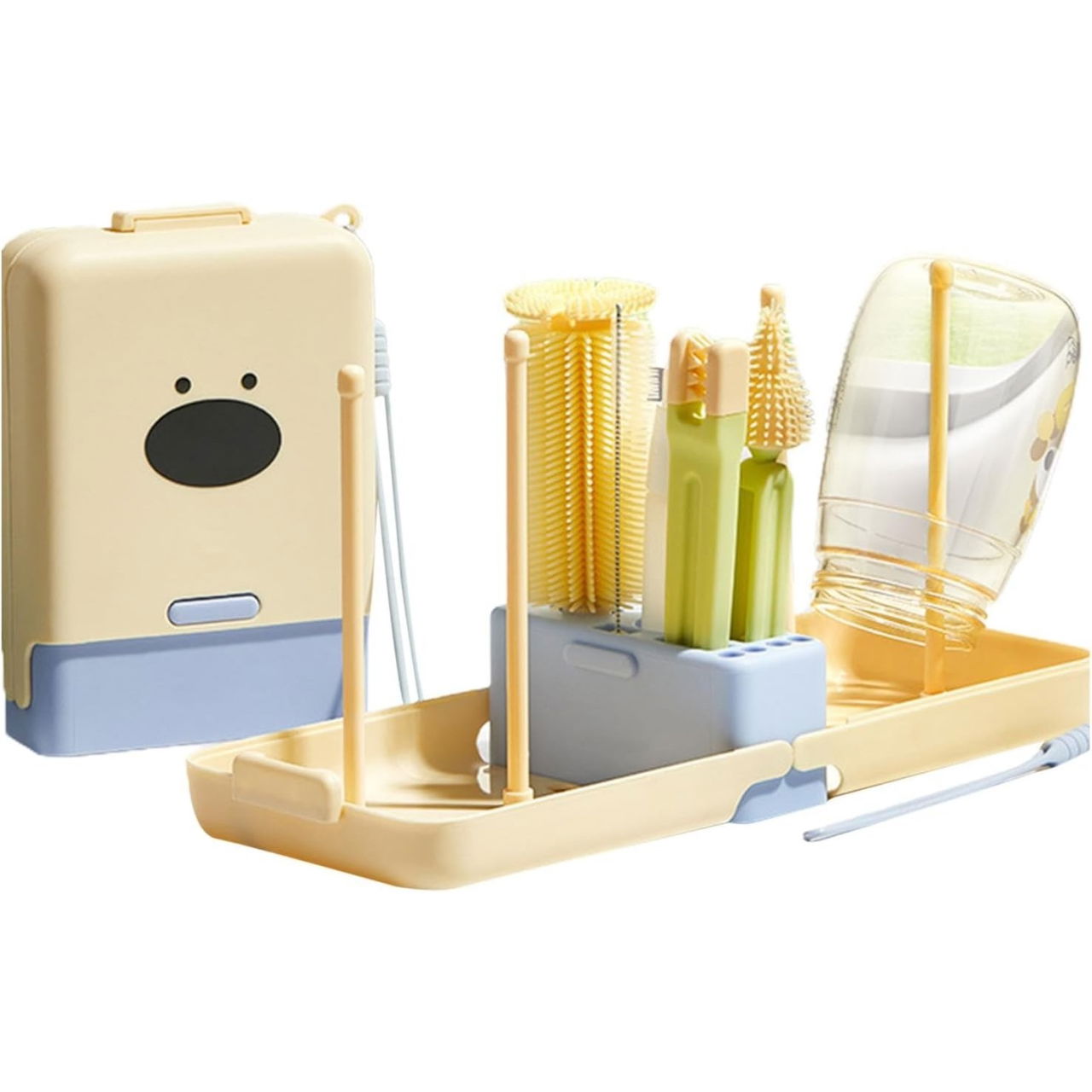 Set 7 Piese de Spalat/Uscat Biberoane, Flippy, Portabil, Peri de Silicon, pentru Tetine, Suzete, Biberoane, Paie, Cutie Inclusa, 16.8 x 12 x 5 cm, Model Catel, Albastru [1]