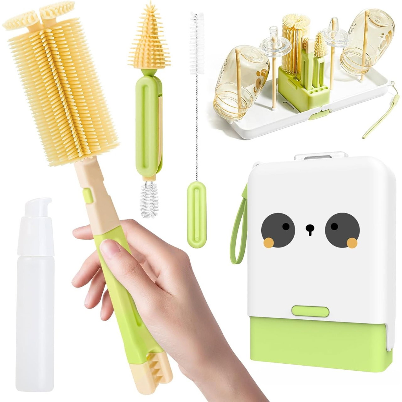 Set 7 Piese de Spalat/Uscat Biberoane, Flippy, Portabil, Peri de Silicon, pentru Tetine, Suzete, Biberoane, Paie, Cutie Inclusa, 16.8 x 12 x 5 cm, Model Panda, Verde [2]