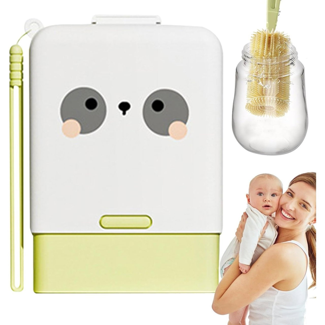 Set 7 Piese de Spalat/Uscat Biberoane, Flippy, Portabil, Peri de Silicon, pentru Tetine, Suzete, Biberoane, Paie, Cutie Inclusa, 16.8 x 12 x 5 cm, Model Panda, Verde [3]