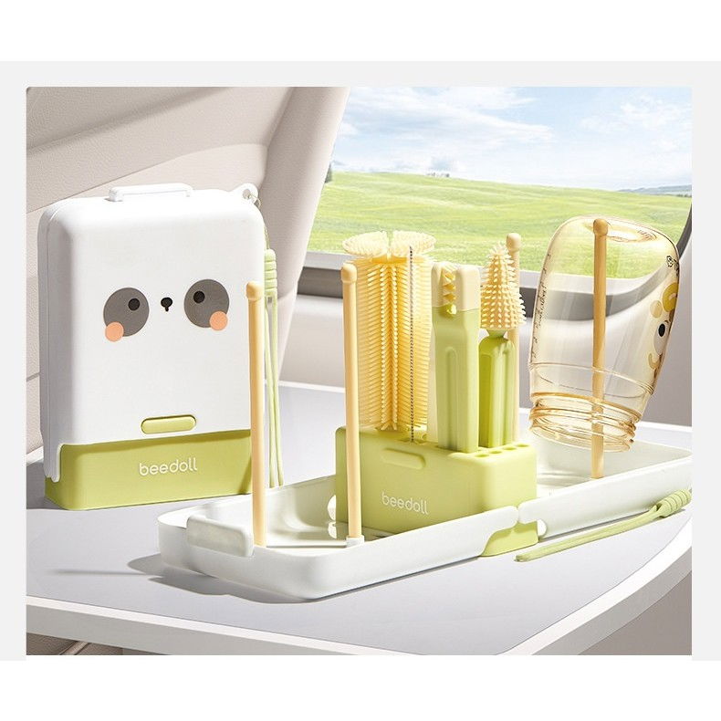 Set 7 Piese de Spalat/Uscat Biberoane, Flippy, Portabil, Peri de Silicon, pentru Tetine, Suzete, Biberoane, Paie, Cutie Inclusa, 16.8 x 12 x 5 cm, Model Panda, Verde [6]