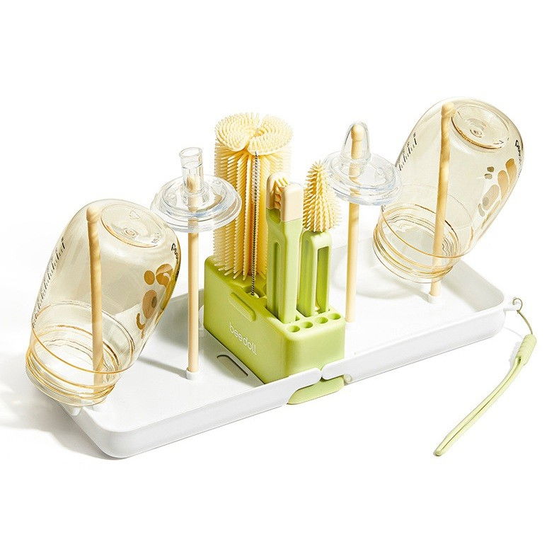 Set 7 Piese de Spalat/Uscat Biberoane, Flippy, Portabil, Peri de Silicon, pentru Tetine, Suzete, Biberoane, Paie, Cutie Inclusa, 16.8 x 12 x 5 cm, Model Panda, Verde [4]