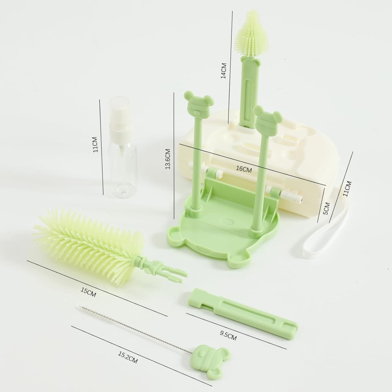 Set 7 Piese de Spalat/Uscat Biberoane, Flippy, Portabil, Peri de Silicon, pentru Tetine, Suzete, Biberoane, Paie, Cutie Inclusa, 16 x 11 x 5 cm, Model Ursulet, Verde [4]