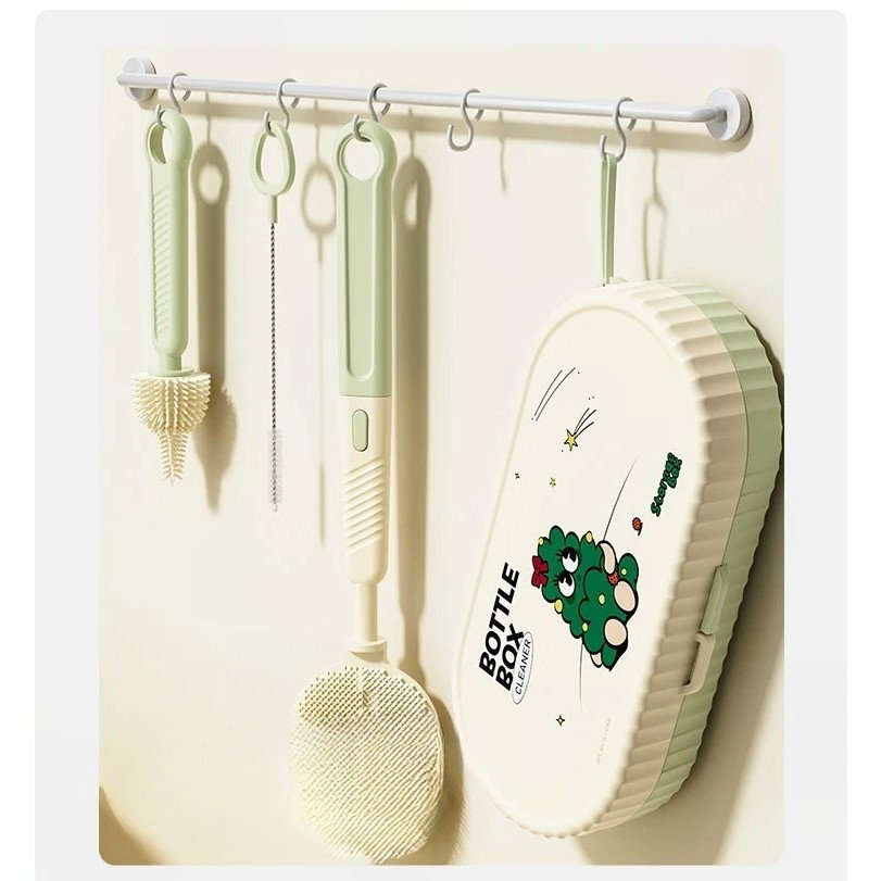 Set 7 Piese de Spalat/Uscat Biberoane, Flippy, Portabil, Peri de Silicon, pentru Tetine, Suzete, Biberoane, Paie, Cutie Inclusa, 20 x 9.5 cm, Verde [2]