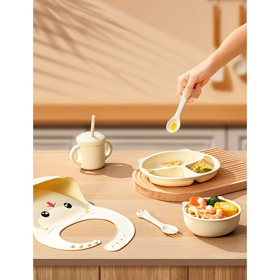 Set 7 Piese Hranire Bebelusi si Copii, Flippy, din Silicon, fara BPA, de la 12 Luni, Model Pisicuta, 30 x 25 x 6 cm, Bej [3]