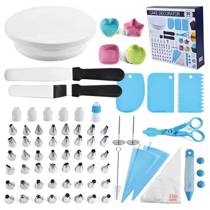 Set 80 Piese Ustensile pentru Ornare Prajituri, Flippy, din Plastic si Otel Inoxidabil, Forme Briose, Multicolor [1]
