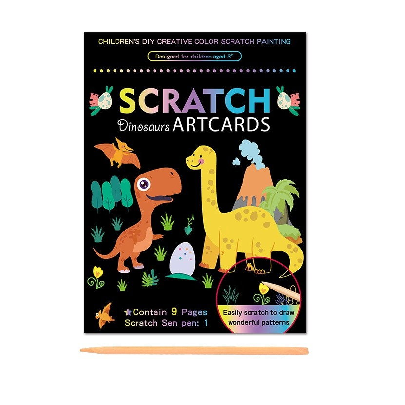 Set 9 Planse Razuibile, Flippy, Scratch ArtCards, +3 Ani, de Razuit si de Colorat, 19 x 14 cm, Model Dinozauri, Multicolor [1]