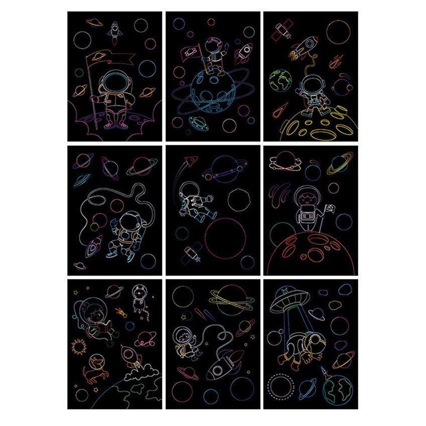 Set 9 Planse Razuibile, Flippy, Scratch ArtCards, +3 Ani, de Razuit si de Colorat, 19 x 14 cm, Model Spatiu Cosmic, Multicolor [2]