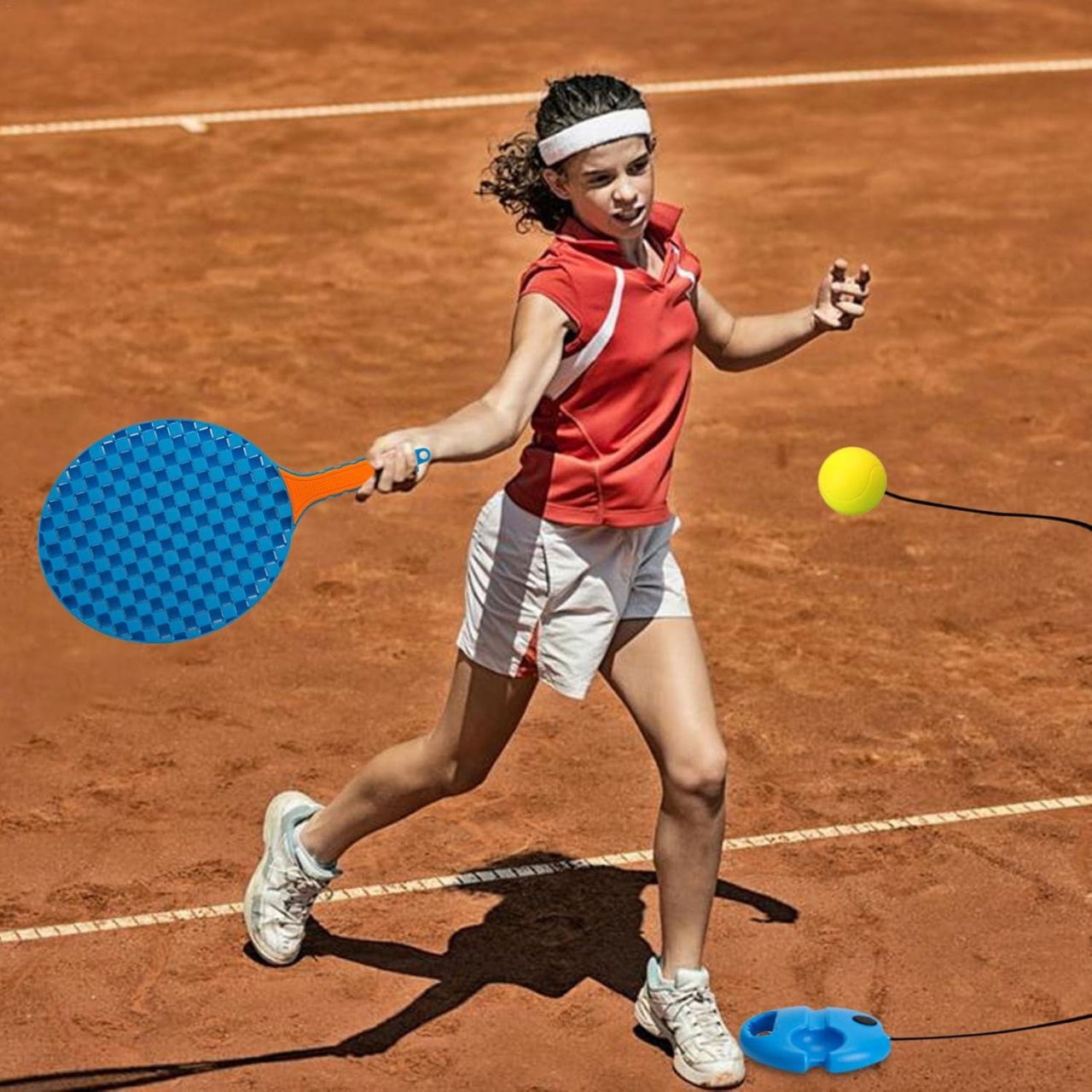 Set Badminton pentru Copii, Flippy, Doua Palete, Fluturas, 2 Mingi, Minge cu Elastic pentru Antrenament, Suport de Prindere Stabil, 41x23 cm, Albastru Portocaliu [3]