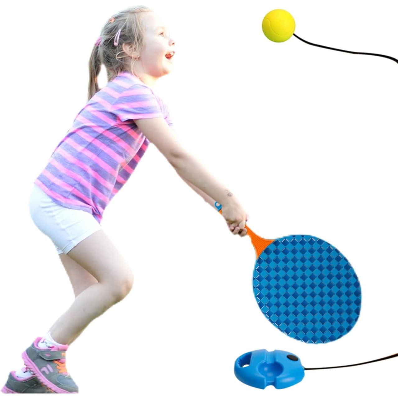 Set Badminton pentru Copii, Flippy, Doua Palete, Fluturas, 2 Mingi, Minge cu Elastic pentru Antrenament, Suport de Prindere Stabil, 41x23 cm, Albastru Portocaliu [7]