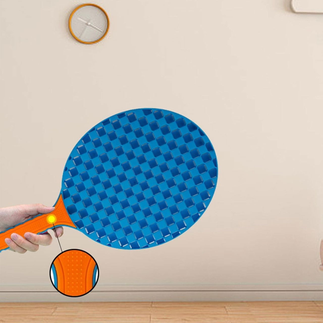Set Badminton pentru Copii, Flippy, Doua Palete, Fluturas, 2 Mingi, Minge cu Elastic pentru Antrenament, Suport de Prindere Stabil, 41x23 cm, Albastru Portocaliu [6]