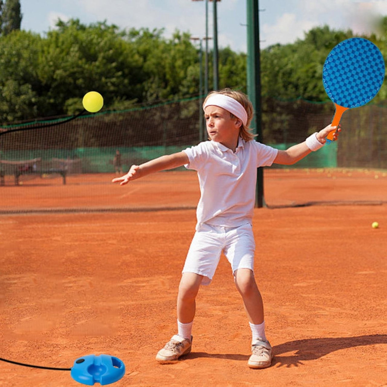 Set Badminton pentru Copii, Flippy, Doua Palete, Fluturas, 2 Mingi, Minge cu Elastic pentru Antrenament, Suport de Prindere Stabil, 41x23 cm, Albastru Portocaliu [4]