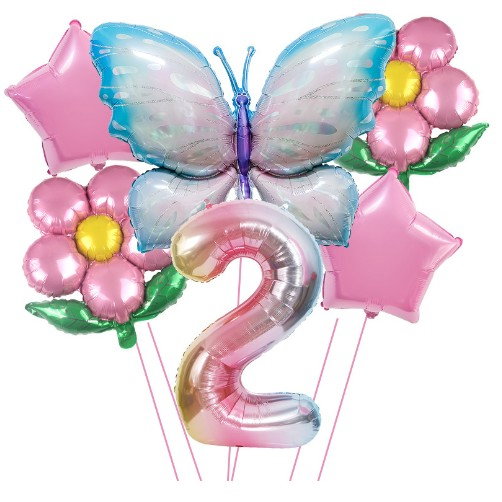 Set baloane aniversare cu numere, din folie de aluminiu, 6 piese, 2 flori, 2 stelute, 1 fluture, 1 cifra, Multicolor, Cifra 2 [1]