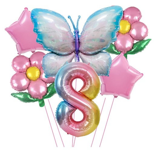 Set baloane aniversare cu numere, din folie de aluminiu, 6 piese, 2 flori, 2 stelute, 1 fluture, 1 cifra, Multicolor, Cifra 8 [1]