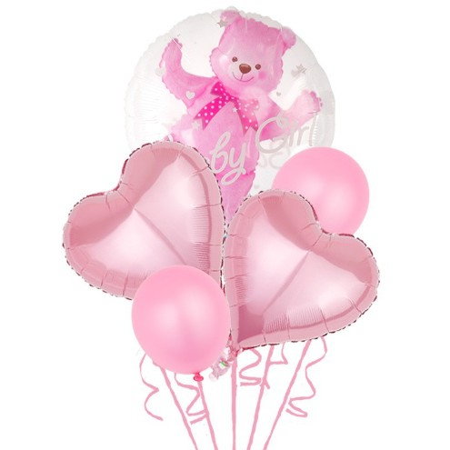 Set Baloane Aniversare, Flippy, set din 5 bucati, 1 bucata urs, 2 inimi folie, 2 simple din latex Baby Girl, 60 cm Roz [1]