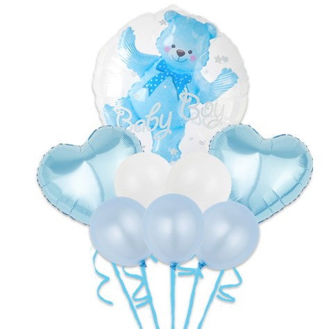Set Baloane Aniversare, Flippy, set din 8 bucati, 1 bucata urs, 2 inimi folie, 5 simple din latex Baby Boy, 60 cm Albastru [1]