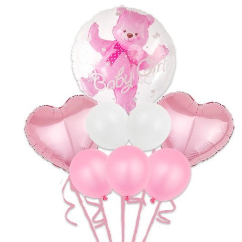 Set Baloane Aniversare, Flippy, set din 8 bucati, 1 bucata urs, 2 inimi folie,5 simple din latex Baby Girl, 60 cm Roz [1]