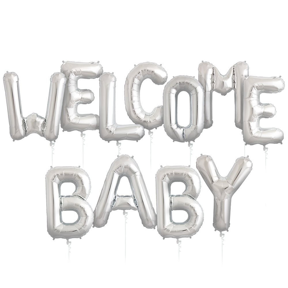 Set Baloane din Folie Metalizata, Flippy, Figurine Litere, Model Welcome Baby, Tema Aniversare, 40 cm, Ambalaj Individual, Pai inclus, Umflare cu Aer sau Heliu, Alb [5]