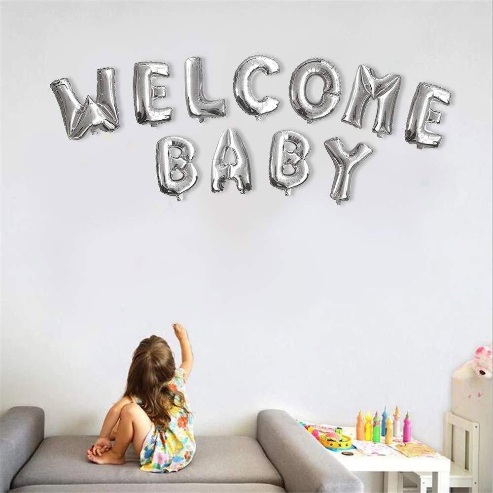 Set Baloane din Folie Metalizata, Flippy, Figurine Litere, Model Welcome Baby, Tema Aniversare, 40 cm, Ambalaj Individual, Pai inclus, Umflare cu Aer sau Heliu, Alb [2]