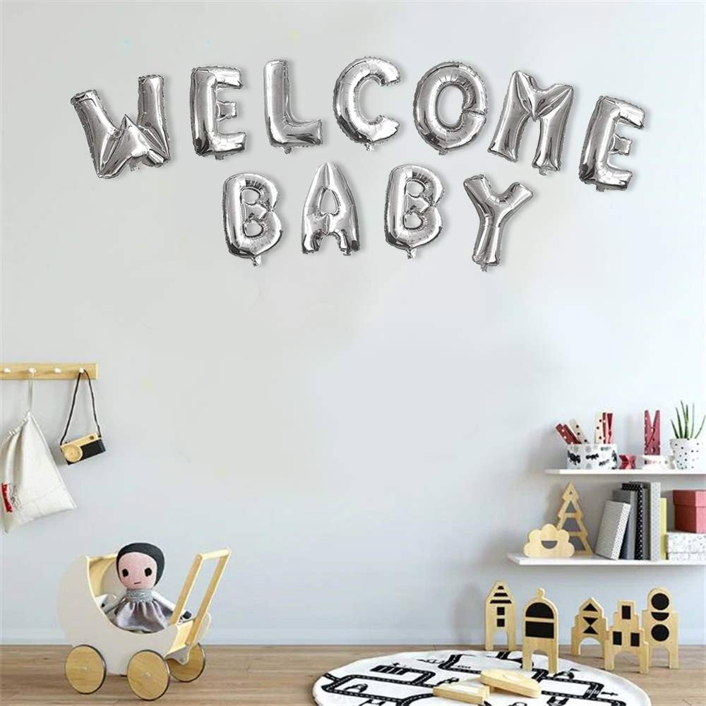Set Baloane din Folie Metalizata, Flippy, Figurine Litere, Model Welcome Baby, Tema Aniversare, 40 cm, Ambalaj Individual, Pai inclus, Umflare cu Aer sau Heliu, Alb [4]
