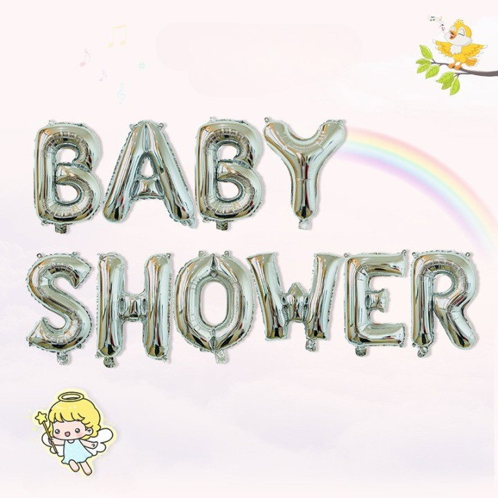 Set Baloane din Folie Metalizata, Flippy, Model Baby Shower, Litere de 40 cm, Baloane Party, Ambalaj Individual, Pai, Ata si Adeziv Incluse, Umflare cu Aer sau Heliu, Argintiu [2]