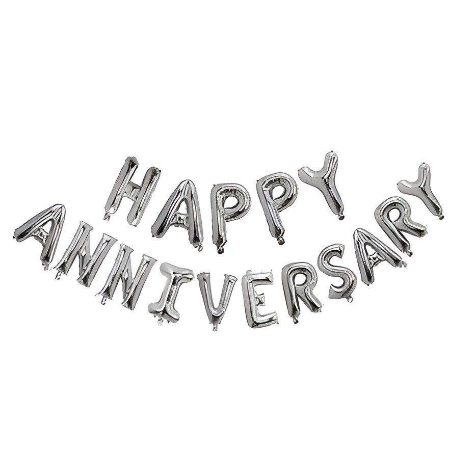 Set Baloane din Folie Metalizată, Flippy, Model Happy Anniversary, Litere de 40 cm, Baloane Party, Ambalaj Individual, Pai inclus, Umflare cu Aer sau Heliu, Argintiu [2]