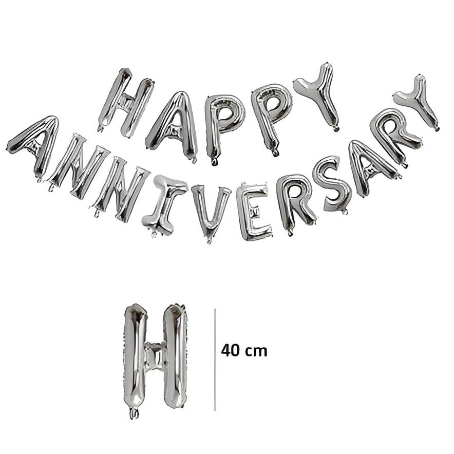 Set Baloane din Folie Metalizată, Flippy, Model Happy Anniversary, Litere de 40 cm, Baloane Party, Ambalaj Individual, Pai inclus, Umflare cu Aer sau Heliu, Argintiu [3]