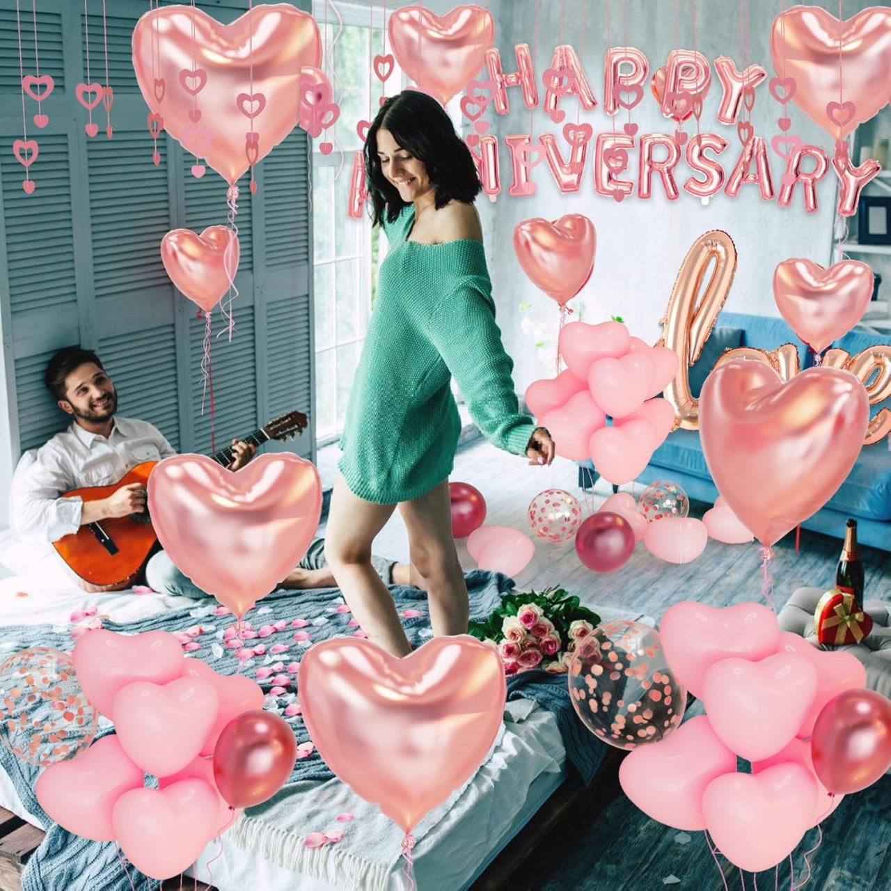 Set Baloane din Folie Metalizata, Flippy, Model Happy Anniversary, Litere de 40 cm, Baloane Party, Ambalaj Individual, Pai Inclus, Umflare cu Aer sau Heliu, Roz [11]