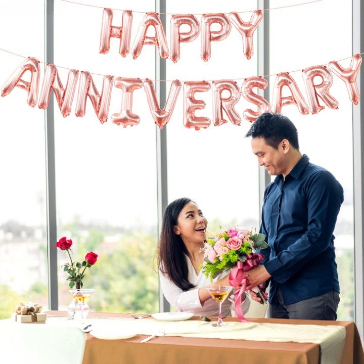 Set Baloane din Folie Metalizata, Flippy, Model Happy Anniversary, Litere de 40 cm, Baloane Party, Ambalaj Individual, Pai Inclus, Umflare cu Aer sau Heliu, Roz [6]