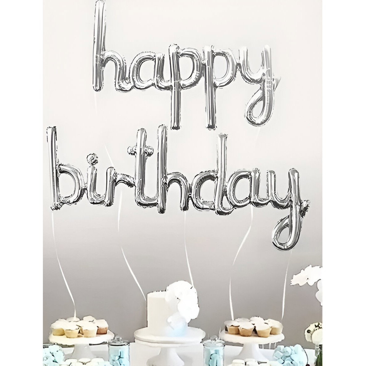 Set Baloane din Folie Metalizată, Flippy, Model Happy Birthday, 45x85 cm, 45x124cm, Baloane Party, Ambalaj Individual, Pai inclus, Umflare cu Aer sau Heliu, Argintiu [2]