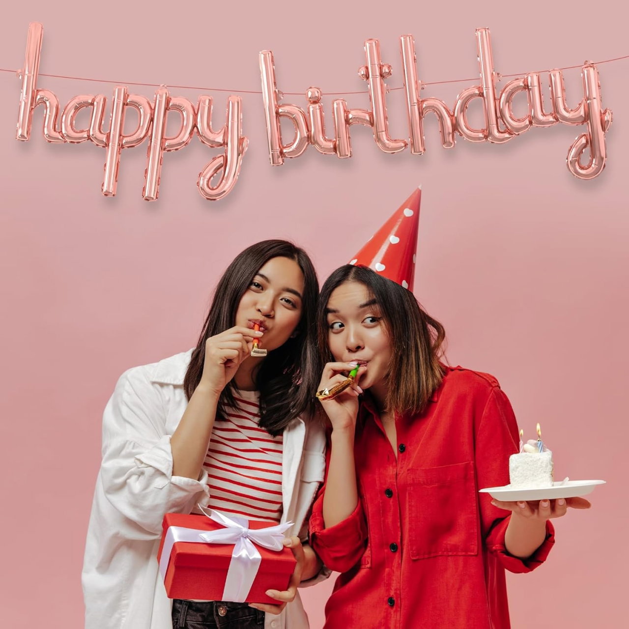 Set Baloane din Folie Metalizata, Flippy, Model Happy Birthday, 45x85 cm, 45x124cm, Baloane Party, Ambalaj Individual, Pai Inclus, Umflare cu Aer sau Heliu, Roz Pal [3]