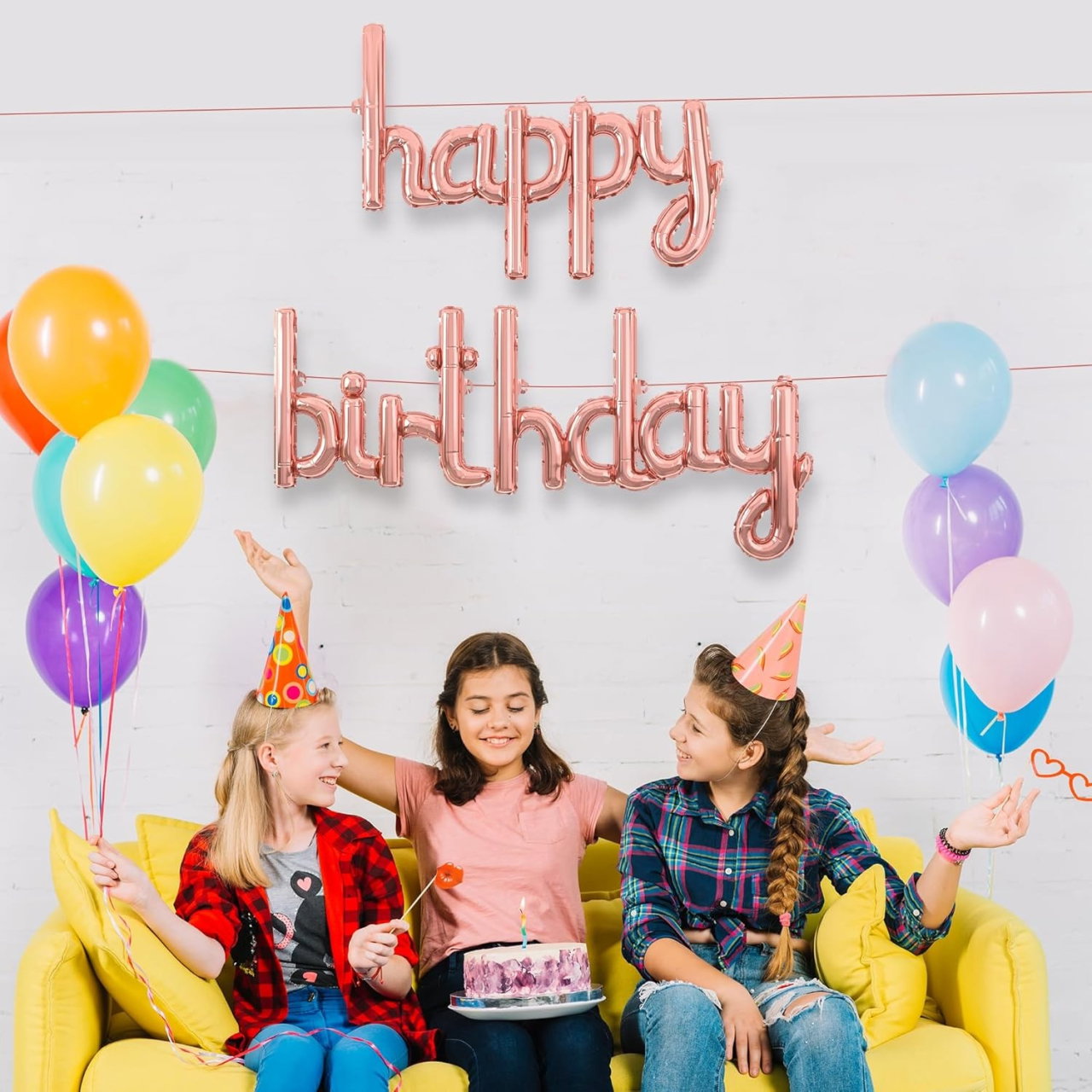 Set Baloane din Folie Metalizata, Flippy, Model Happy Birthday, 45x85 cm, 45x124cm, Baloane Party, Ambalaj Individual, Pai Inclus, Umflare cu Aer sau Heliu, Roz Pal [4]