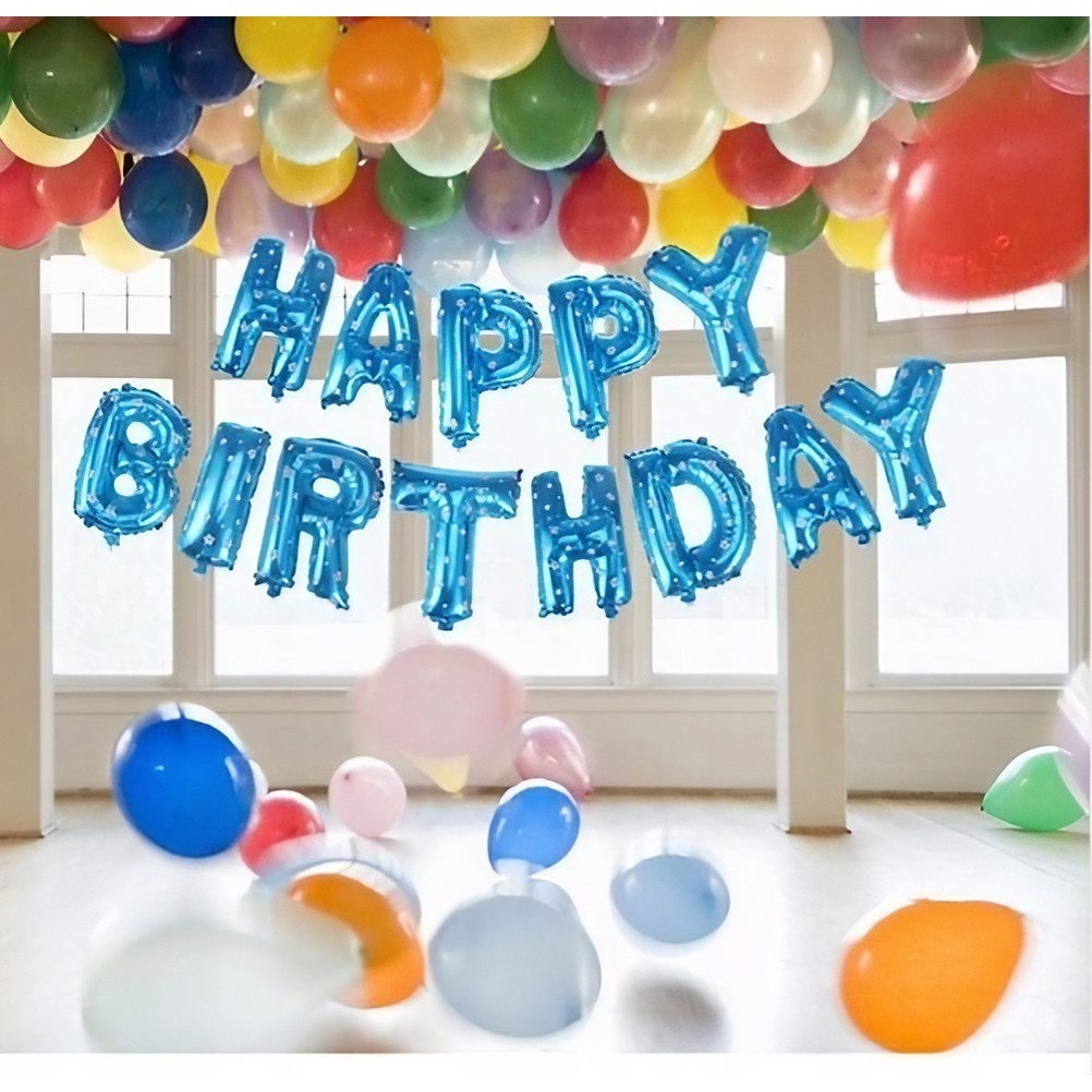 Set Baloane din Folie Metalizata, Flippy, Model Happy Birthday, Litere de 40 cm, Baloane Party, Ambalaj Individual, Pai, Ata si Adeziv Incluse, Umflare cu Aer sau Heliu, Albastru [4]