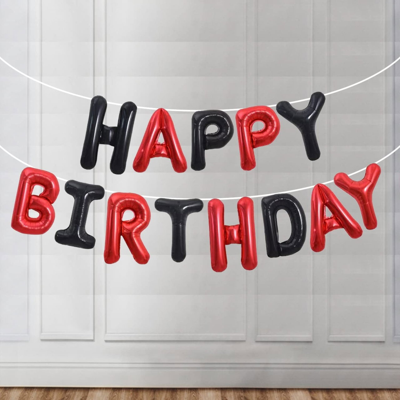 Set Baloane din Folie Metalizata, Flippy, Model Happy Birthday, Litere de 40 cm, Baloane Party, Ambalaj Individual, Pai, Ata si Adeziv Incluse, Umflare cu Aer sau Heliu, Rosu-Negru [5]