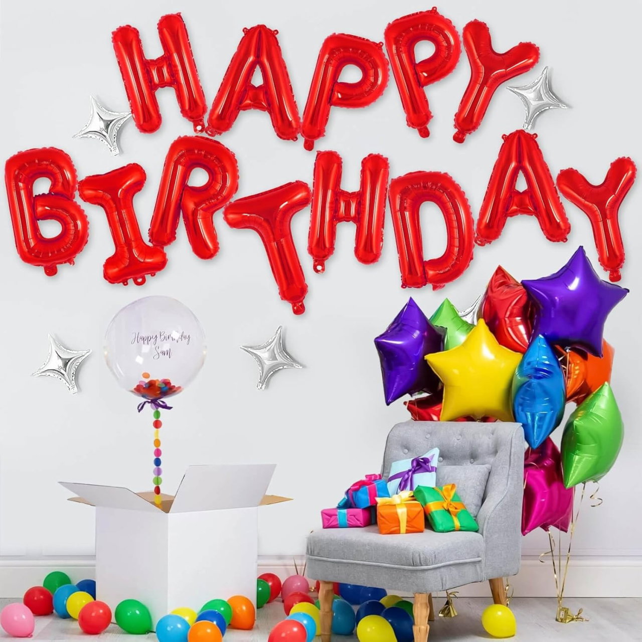 Set Baloane din Folie Metalizata, Flippy, Model Happy Birthday, Litere de 40 cm, Baloane Party, Ambalaj Individual, Pai, Ata si Adeziv Incluse, Umflare cu Aer sau Heliu, Rosu [3]