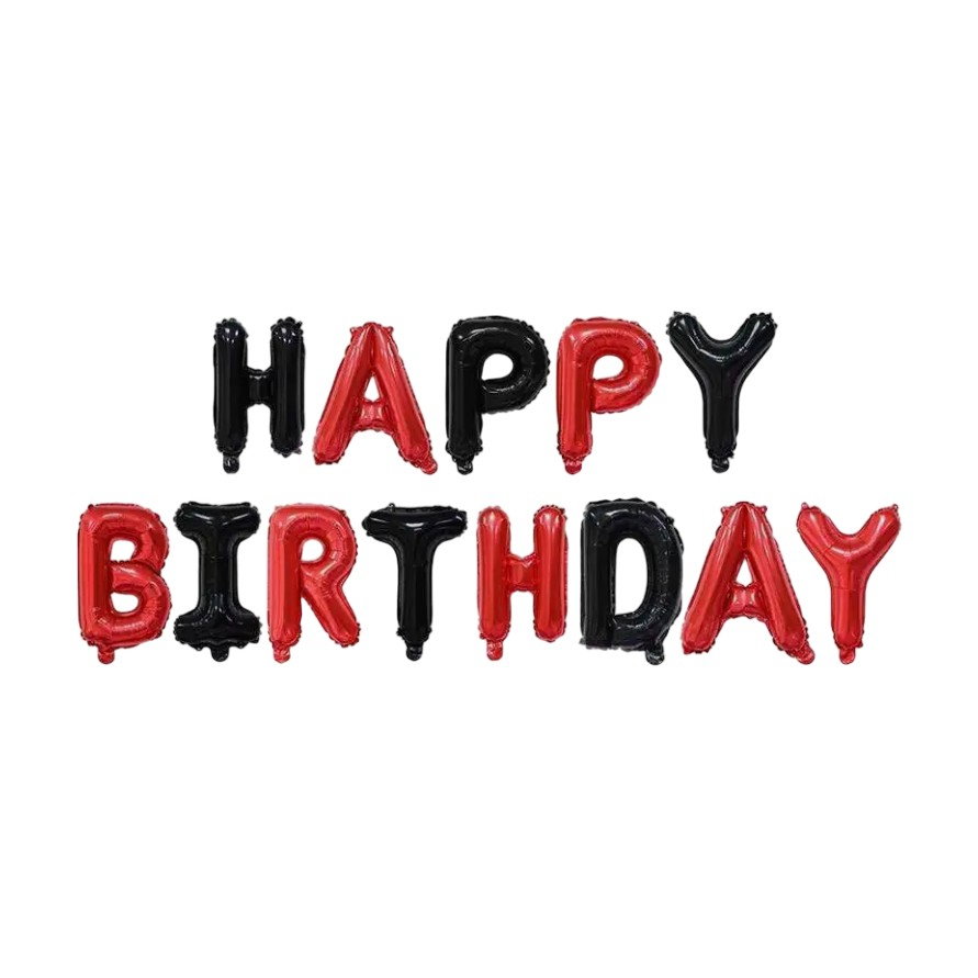 Set Baloane din Folie Metalizata, Flippy, Model Happy Birthday, Litere de 40 cm, Baloane Party, Ambalaj Individual, Pai, Ata si Adeziv Incluse, Umflare cu Aer sau Heliu, Rosu-Negru [1]