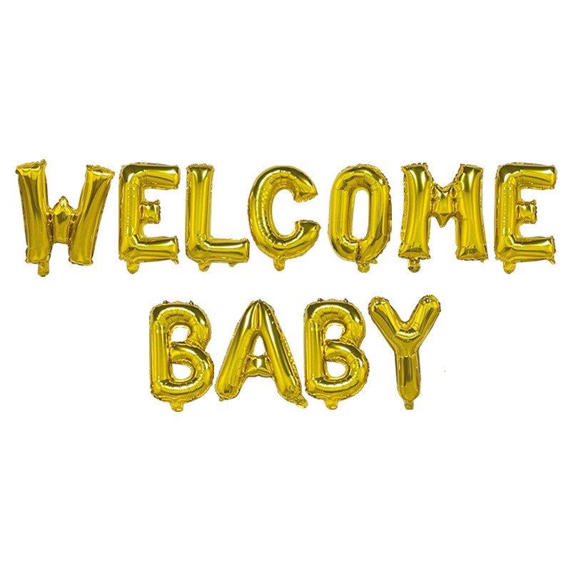 Set Baloane din Folie Metalizata, Flippy, Model Welcome Baby, Litere de 40 cm, Baloane Party, Ambalaj Individual, Pai, Ata si Adeziv Incluse, Umflare cu Aer sau Heliu, Auriu [1]