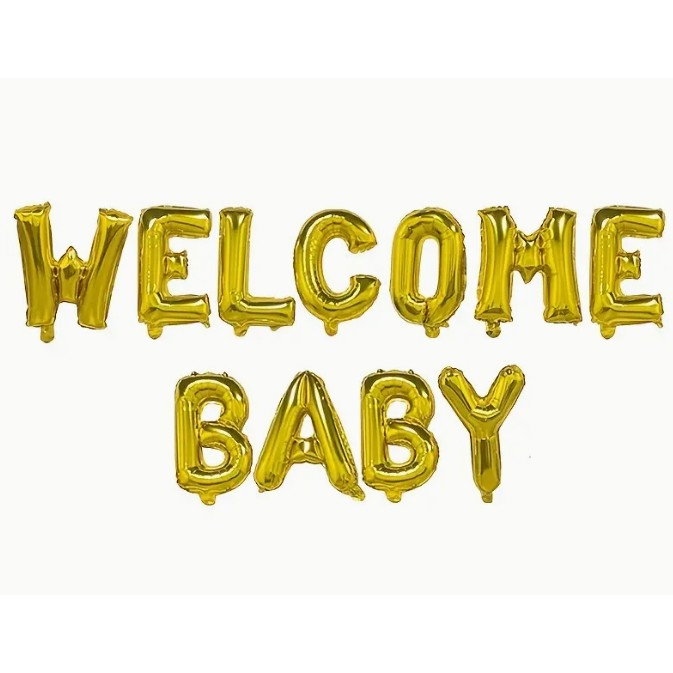 Set Baloane din Folie Metalizata, Flippy, Model Welcome Baby, Litere de 40 cm, Baloane Party, Ambalaj Individual, Pai, Ata si Adeziv Incluse, Umflare cu Aer sau Heliu, Auriu [4]