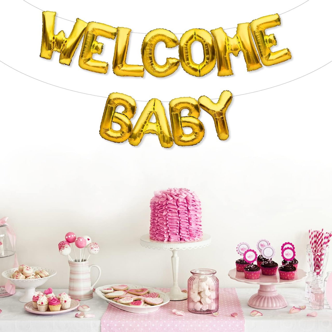 Set Baloane din Folie Metalizata, Flippy, Model Welcome Baby, Litere de 40 cm, Baloane Party, Ambalaj Individual, Pai, Ata si Adeziv Incluse, Umflare cu Aer sau Heliu, Auriu [2]