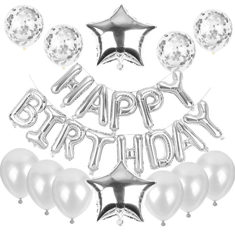 Set baloane din folie metalizata si baloane din latex, baloane HAPPY BIRTHDAY, 4 baloane latex Confetti, 6 baloane latex Roz, 2 baloane folie Steluta, 40cm, Argintiu [1]
