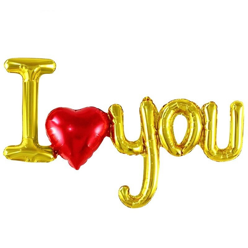 Set Baloane Folie Metalizata, Flippy, Model I LOVE YOU cu Inimioara, 54x97 cm, Tematica Ziua Îndrăgostiților, Ambalaj Individual, Pai Inclus, Umflare cu Aer sau Heliu, Auriu [1]